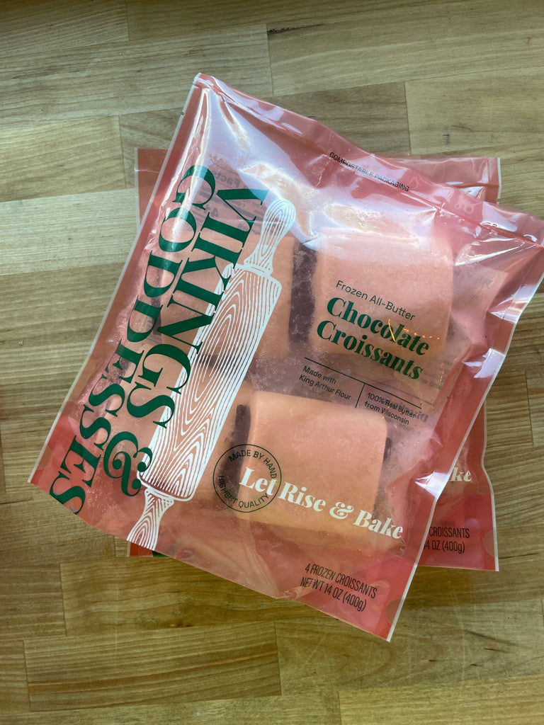 Package of frozen chocolate croissants in compostable packaging